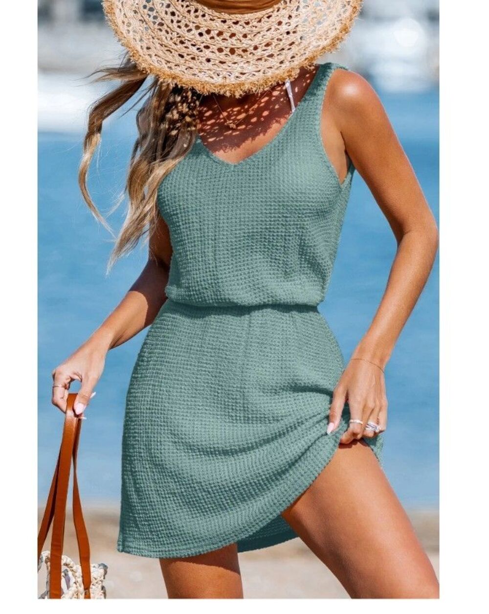 NWT Cupshe Green Waffle Knit Swim Cover Up Dress Women's Large V-Neck Sleeveless